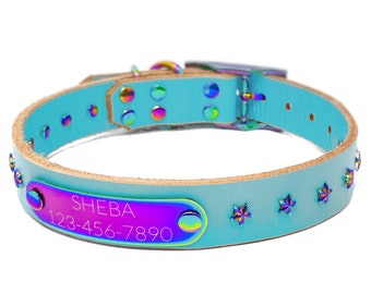Personalized Star Studded Light Blue Leather Dog Collar, with Rainbow Metal Star Rivets, Engraved Rainbow Nameplate Quiet Dog Tag