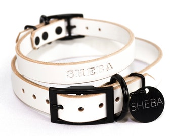 Personalized White Leather Dog Collar, Engraved Round Black Hanging Tag