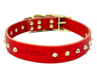 Spiked Personalized Red Leather Dog Collar, with Gold / Brass Tone Buckle, Engraved Name