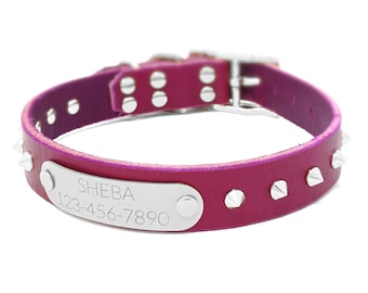 Personalized Spiked Magenta Leather Dog Collar: Engraved Stainless Nameplatete