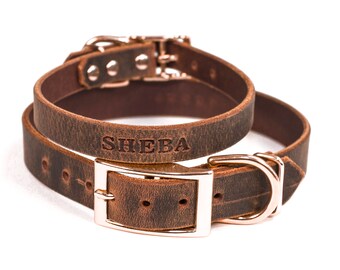 Leather Dog Collar, Personalized Dog Collar, Distressed Leather, Copper Rose Gold Buckle and FREE Name, Pick Your Font