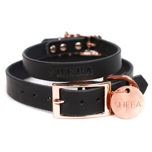 Personalized Black Leather Dog Collar, Copper / Rose Gold Tone Buckle, Embossed Name and Solid Copper ID Tag Dog Tag Hanging Tag