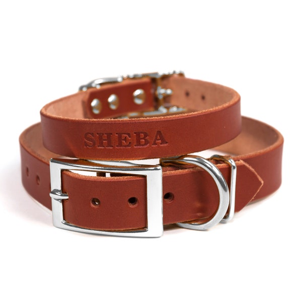 Personalized Brown Leather Dog Collar, Nickel / Silver Tone Buckle, Embossed Name