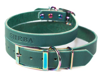 Personalized Teal Green Leather Dog Collar, Rainbow Metal Hardware, Embossed Name