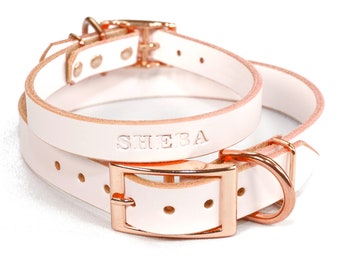 Personalized White Leather Dog Collar, Rose Gold / Copper Tone Buckle, with Embossed Name, Pick Your Font