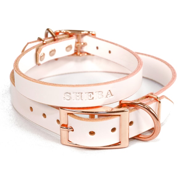 Personalized White Leather Dog Collar, Rose Gold / Copper Tone Buckle, with Embossed Name, Pick Your Font