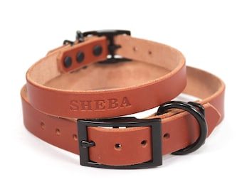 Personalized Brown Leather Dog Collar, Black Metal Hardware, Embossed Name