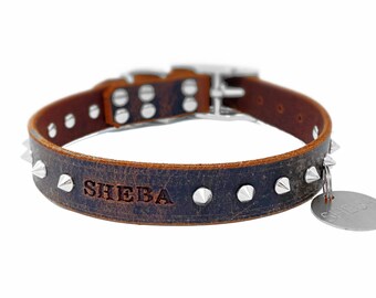 Personalized Studded Leather Dog Collar: Distressed Brown, Stainless Steel ID Tag