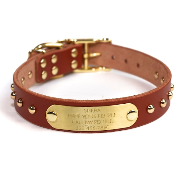 Personalized Studded Brown Leather Dog Collar, Brass / Gold Tone Dome Rivets, Engraved Solid Brass Nameplate, Quiet Dog Tag