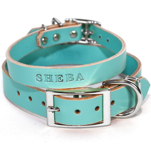 Personalized Light Blue Leather Dog Collar With Solid Brass Etsy