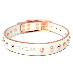 Spiked Personalized White Leather Dog Collar, with Copper / Rose Gold Tone Spike Rivets, Engraved Name