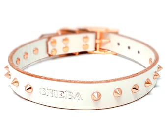 Spiked Personalized White Leather Dog Collar, with Copper / Rose Gold Tone Spike Rivets, Engraved Name
