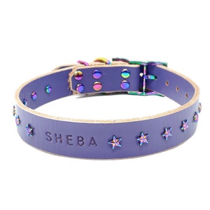 Personalized Star Studded Periwinkle Purple Leather Dog Collar, Rainbow Metal Star Rivets, Embossed Name