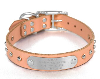 Personalized Studded Pink Leather Dog Collar, Nickel / Silver Tone Dome Rivets, Engraved Stainless Steel Nameplate, Quiet Dog Tag