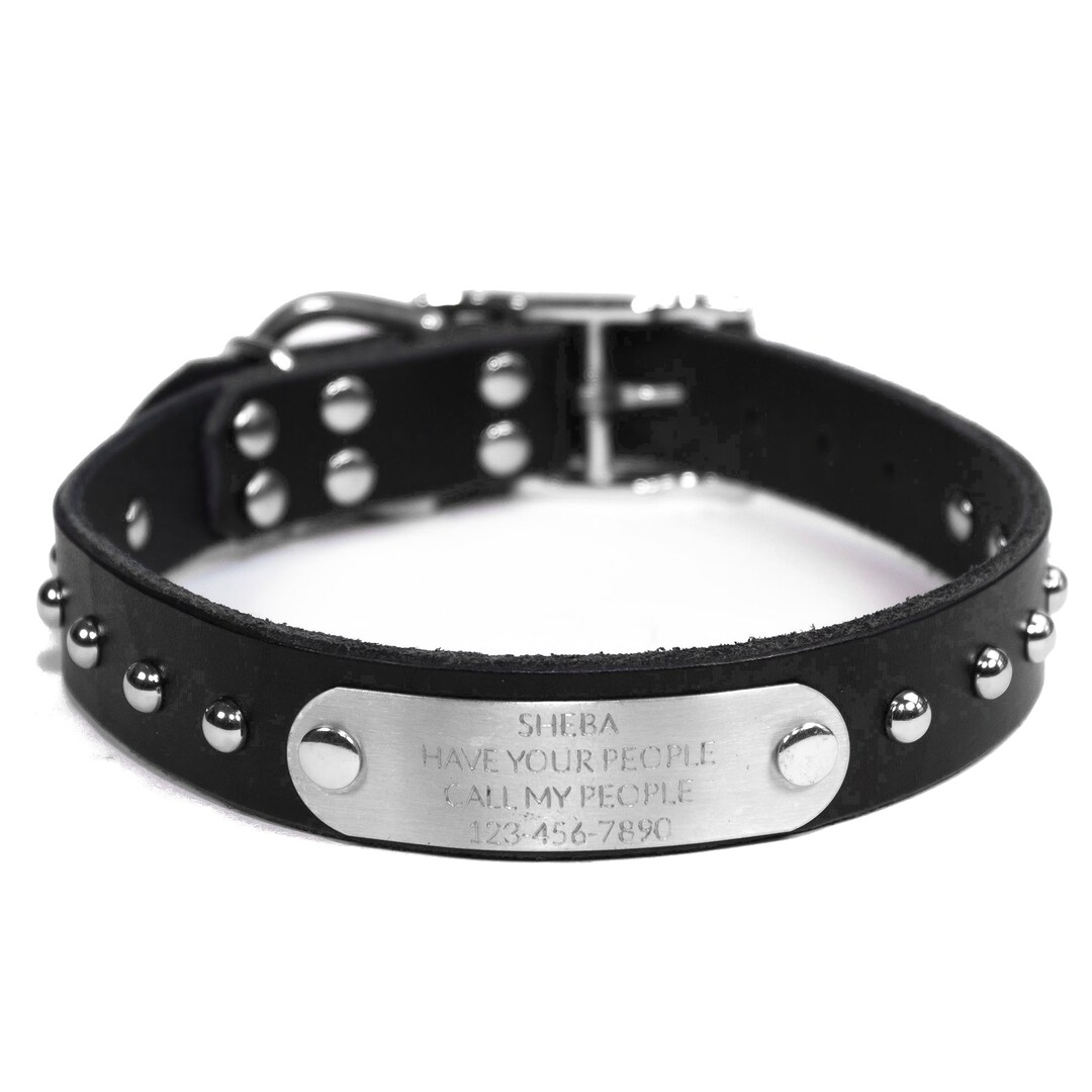 Personalized Studded Black Leather Dog Collar, With Silver Tone Dome