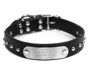 Personalized Studded Black Leather Dog Collar, with Silver Tone Dome Rivets, FREE Engraved Stainless Steel Nameplate Quiet Dog Tag