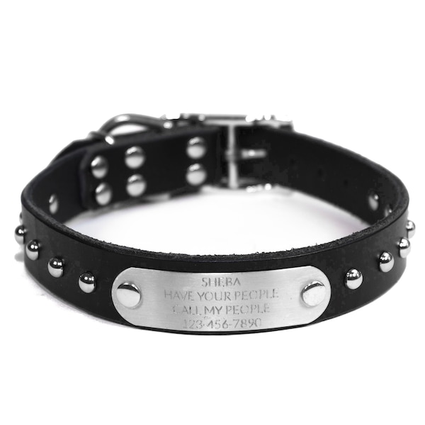 Personalized Studded Black Leather Dog Collar, with Silver Tone Dome Rivets, FREE Engraved Stainless Steel Nameplate Quiet Dog Tag