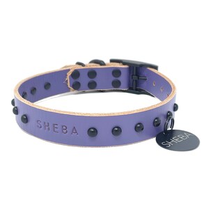 Personalized Studded Periwinkle Purple Leather Dog Collar, Matte Black Metal Dome Rivet Studs, with Black Metal Hanging ID Tag Dog Tag
