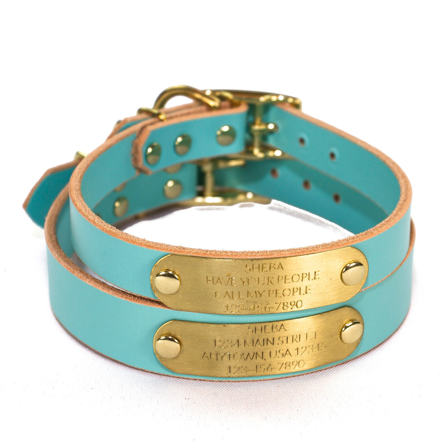 Personalized Light Blue Leather Dog Collar, With Solid Brass Nameplate ...
