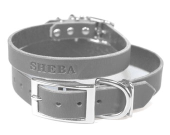 Personalized Gray Bridle Leather Dog Collar, with Nickel / Silver Tone Buckle, and FREE Name, Pick Your Font