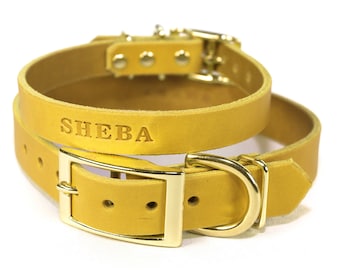 Personalized Mustard Yellow Leather Dog Collar, Brass / Gold Tone Buckle, with FREE Name, Pick Your Font