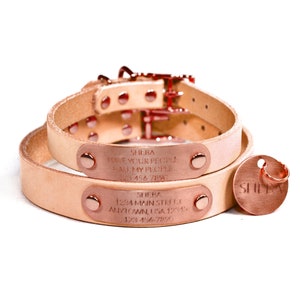 Personalized Natural Beige Leather Dog Collar, Engraved Round Solid Copper / Rose Gold Hanging Tag and Quiet ID Tag Nameplate