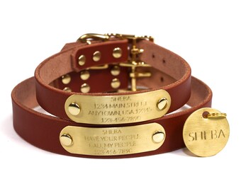 Personalized Brown Leather Dog Collar, Engraved Solid Brass Nameplate ID Tag with 4 Lines of Text, Matching Brass ID Tag Dog Tag