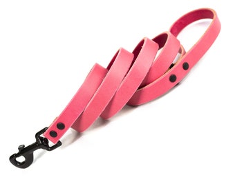 Handmade Leather Dog Leash, Pink Leather With Black Metal Hardware