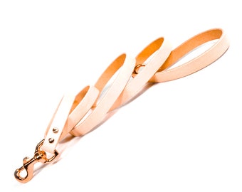 Handmade Natural Beige Leather Dog Leash, Copper / Rose Gold Tone Hardware