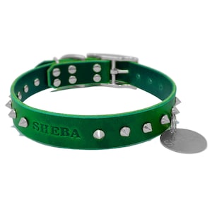 Personalized Spiked Emerald Green Dog Collar, Nickel / Silver Tone Spike Rivets, with Stainless Steel ID Tag