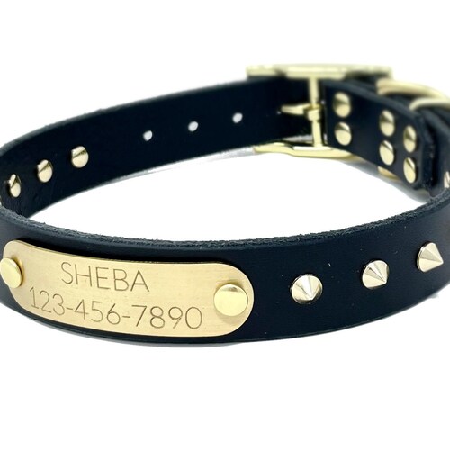 Spiked Personalized Black Leather Dog Collar With Matte Black Etsy