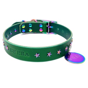 Personalized Emerald Leather Dog Collar: Rainbow Star Rivets, Stainless Steel ID Tag