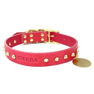 Personalized Spiked Pink Leather Dog Collar, Brass / Gold Tone Spike Rivets, with Solid Brass Hanging ID Tag Dog Tag