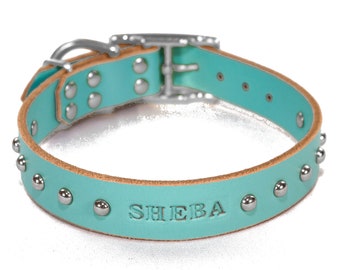 Studded Personalized Light Blue Leather Dog Collar, with Nickel / Silver Tone Buckle Dome Rivets, Engraved Name