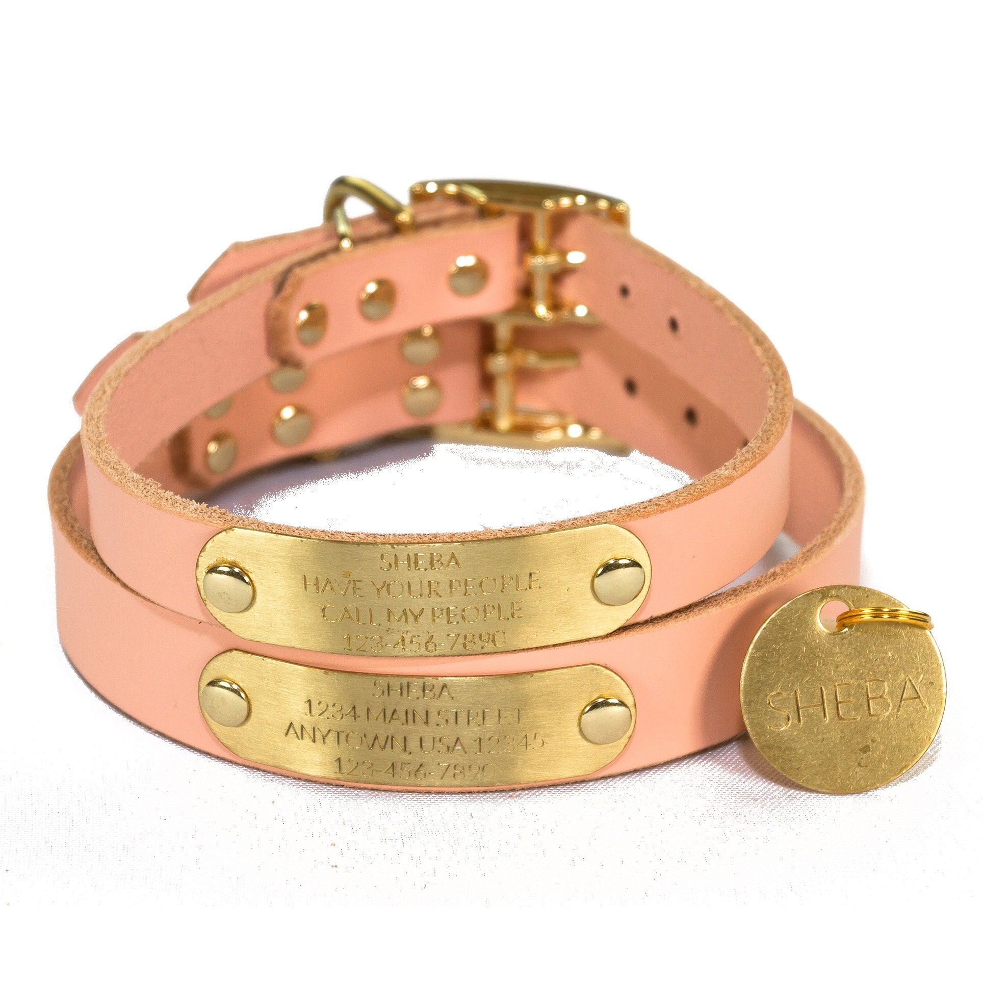 Personalized Blush Pink Leather Dog Collar, Engraved Solid Brass Nameplate Id Tag With 4 Lines Of Text, Matching