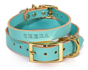 Personalized Leather Dog Collar, Light Blue Leather, Brass / Gold Tone Buckle, with FREE Name, Pick Your Font