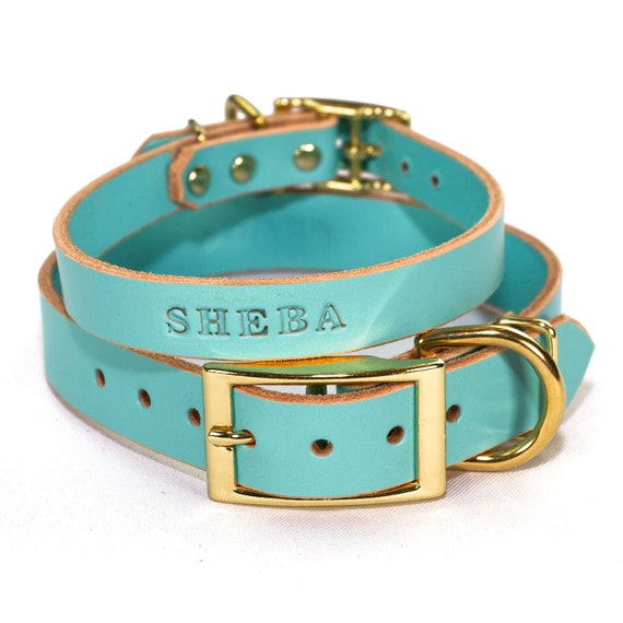 Light blue leather dog collar sale