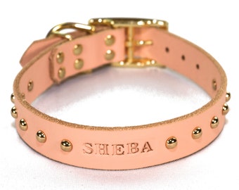 Studded Blush Pink Leather Dog Collar: Personalized, Brass Tone Hardware