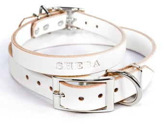 Personalized White Leather Dog Collar, Nickel / Silver Tone Buckle, with Embossed Name, Pick Your Font