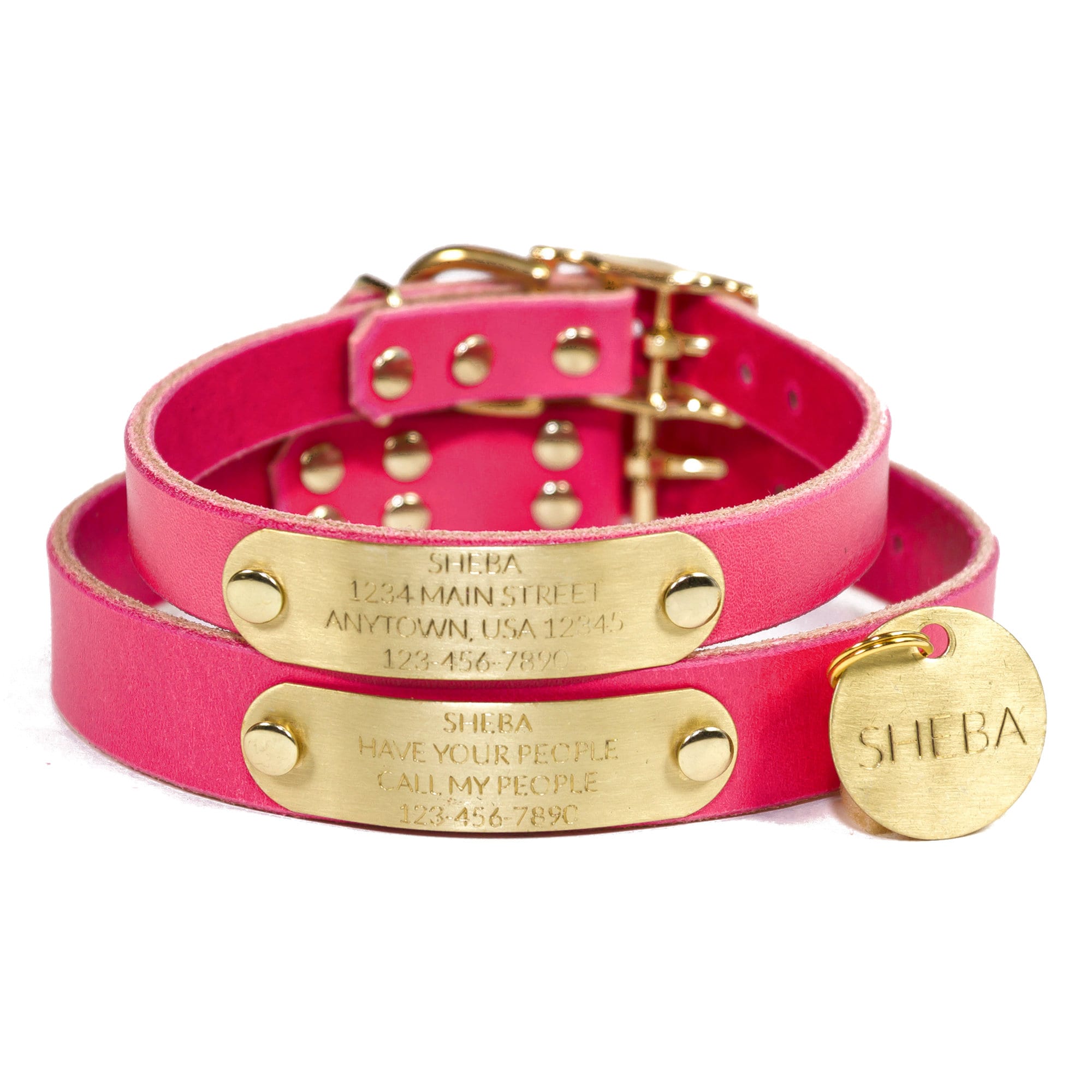 Personalized Pink Leather Dog Collar, Engraved Solid Brass Nameplate Id Tag With 4 Lines Of Text, Matching