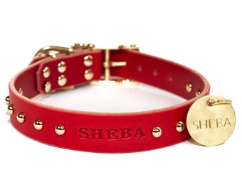 Personalized Studded Red Leather Dog Collar, Brass / Gold Tone Dome Rivets, with Solid Brass Hanging ID Tag Dog Tag