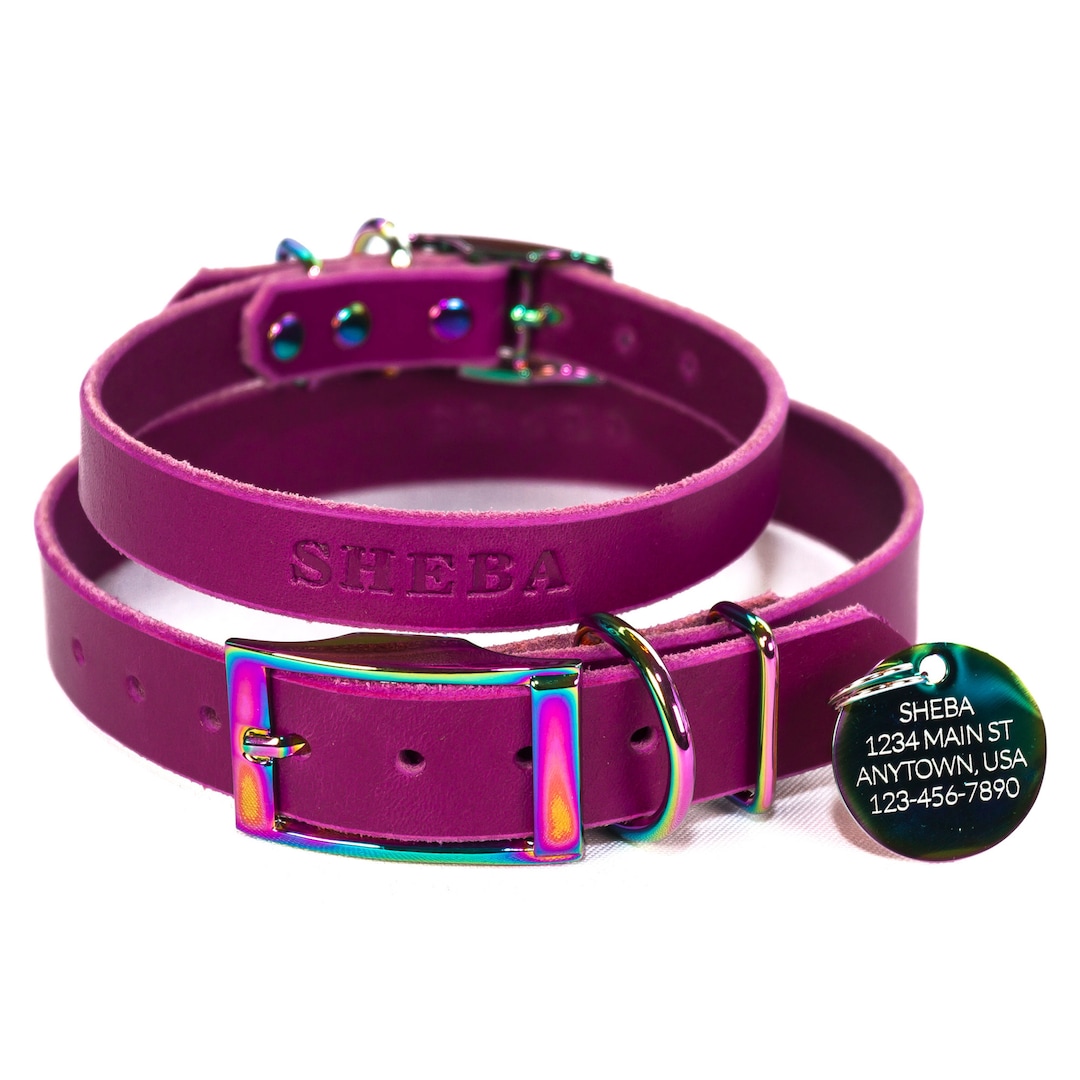 Personalized Dark Magenta Leather Dog Collar, Engraved Rainbow