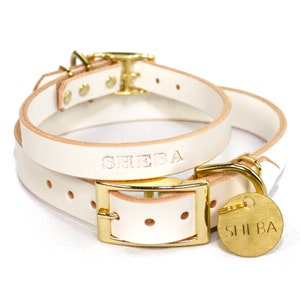 Personalized White Leather Dog Collar, Brass / Gold Tone Buckle, with Embossed Name and Solid Brass ID Tag Dog Tag Hanging Tag
