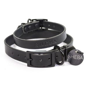 Personalized Black Leather Dog Collar, Engraved Matte Black Metal Round Black Hanging Tag