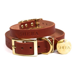 Personalized Brown Leather Dog Collar, Brass / Gold Tone Buckle, with Embossed Name and Solid Brass ID Tag Dog Tag Hanging Tag