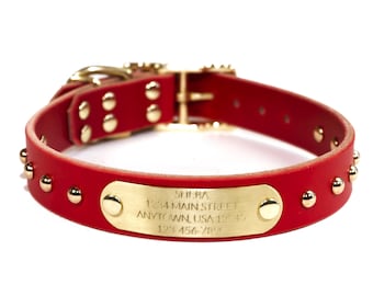 Personalized Studded Red Leather Dog Collar, Brass / Gold Tone Dome Rivets, Engraved Solid Brass Nameplate, Quiet Dog Tag