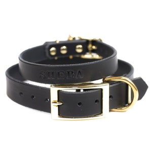 Personalized Black Leather Dog Collar, Brass / Gold Tone Hardware with Embossed Name