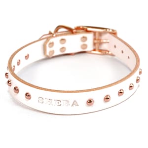 Studded Personalized White Leather Dog Collar, with Copper / Rose Gold Tone Dome Rivets, Engraved Name