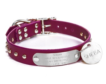 Personalized Studded Magenta Purple Leather Dog Collar, Silver Tone Dome Rivets, Engraved Stainless Steel Nameplate, Quiet Dog Tag, ID Tag