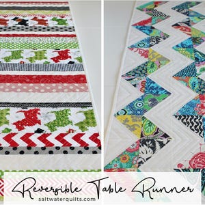 May include: Reversible table runner with two designs. One side features a colourful geometric pattern in shades of blue, green, and pink. The other side features a striped pattern with red, green, and white stripes. The text "Reversible Table Runner" is visible at the bottom of the image.
